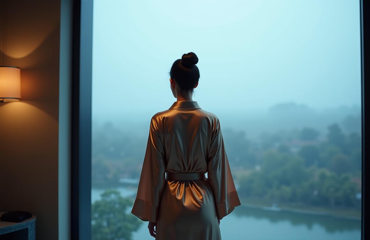 Donna elegante che osserva la pioggia da una vetrata di lusso