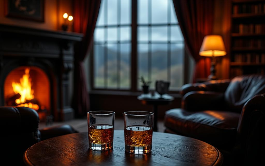 Interno lussuoso di un castello scozzese con camino acceso e vista sulla brughiera piovosa